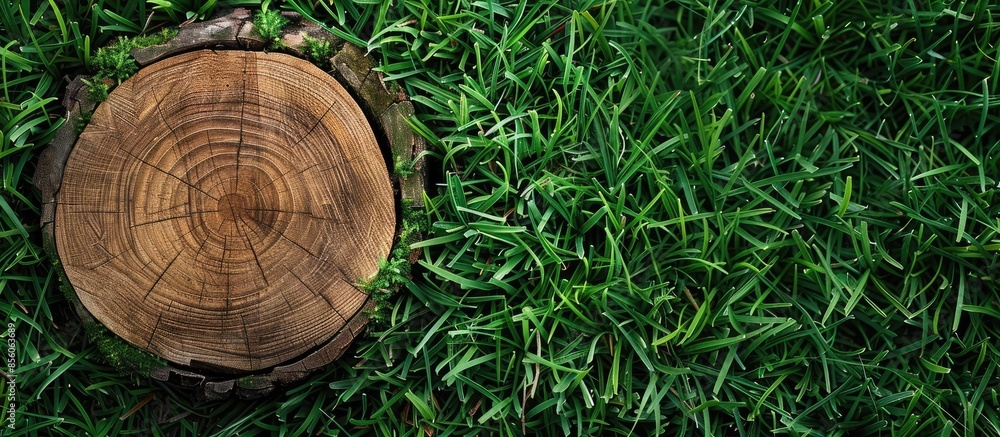 Aufkleber wooden texture, piece of cut wood on grass. with copy space image. place for adding text or design