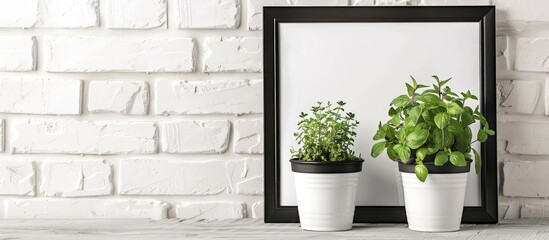 The inscription in a frame on a background of a white brick wall and two pots with herbs. with copy...