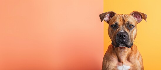 Studio shot of an adorable Staffordshire Terrier sitting on pastel background. with copy space image. Place for adding text or design