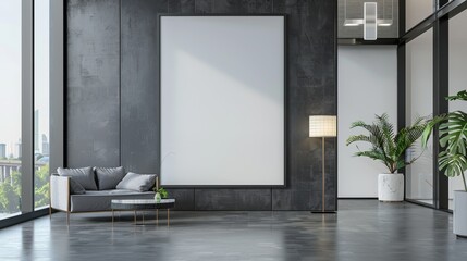 Modern workspace with blank frame mockup on white wall, minimalist design