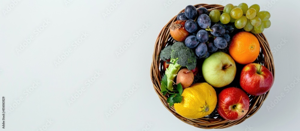 Poster A fruits and vegetables basket in the white background. Copy space image. Place for adding text or design