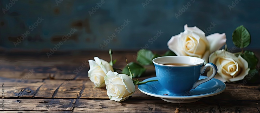 Poster blue cup on a table with white roses near. with copy space image. place for adding text or design