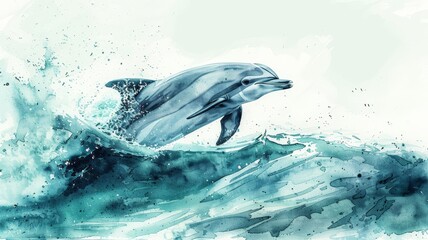 Fototapeta premium A watercolor illustration of a dolphin leaping out of the water. The image features gentle brushstrokes and abstract waves.