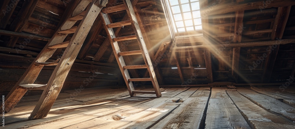 Aufkleber A wooden ladder in the attic in a rustic interior. with copy space image. Place for adding text or design