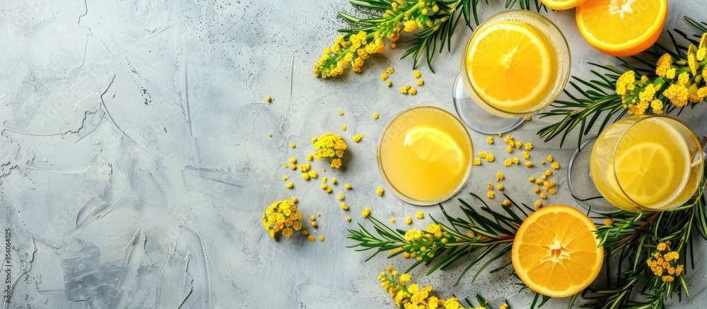 Poster composition with tasty mimosa cocktails on table. with copy space image. place for adding text or de