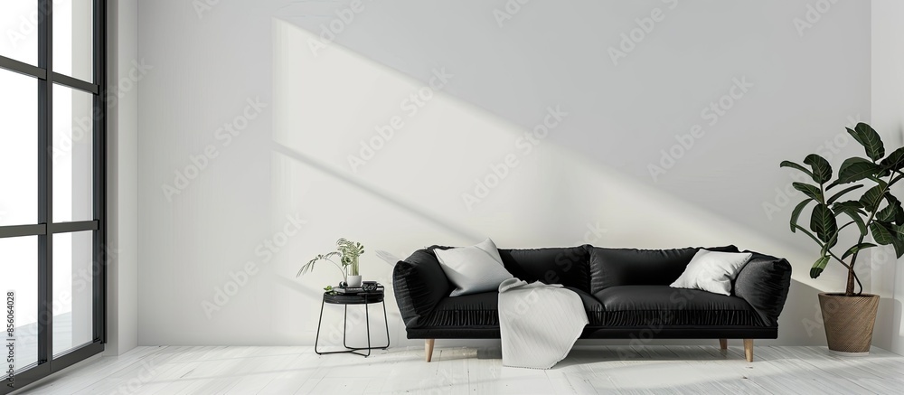 Poster interior of light room with black sofa and warm jackets. with copy space image. place for adding tex
