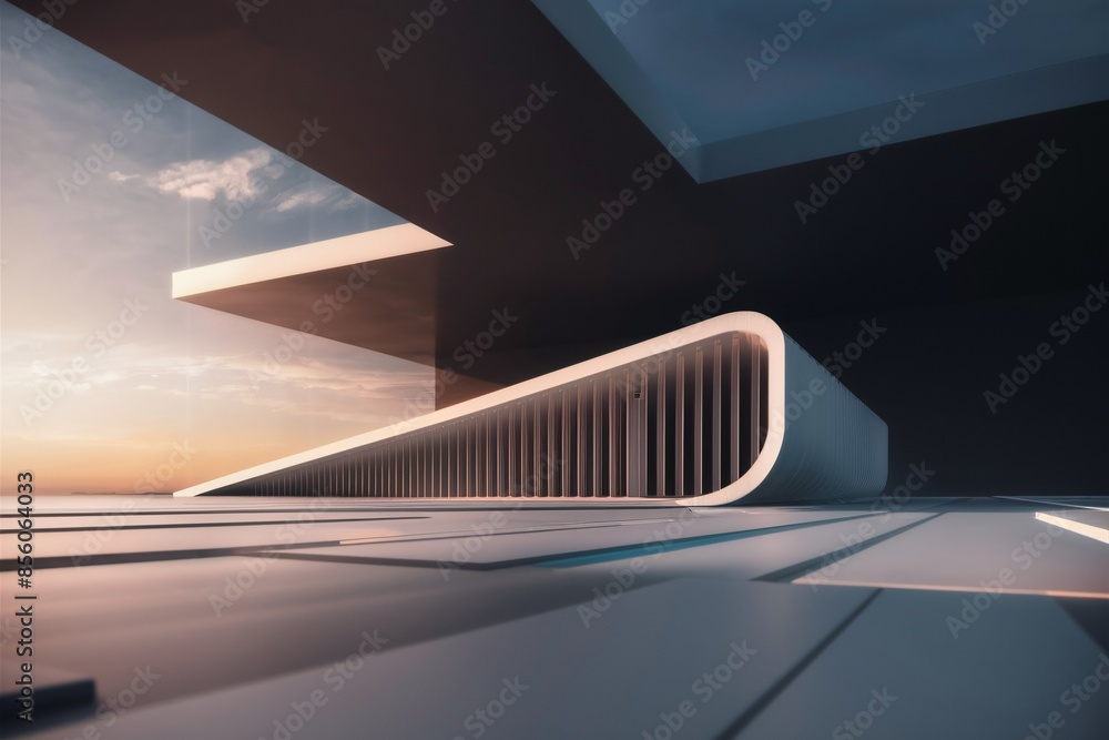 Poster the image is of a modern building with a large curved roof. the building is white and the sky is blu