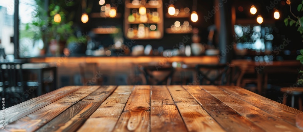 Poster selected focus empty brown wooden table and coffee shop blur background with bokeh image, for produc