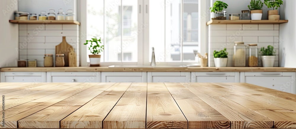 Poster Wood table top on blur kitchen counter (room)background.For montage product display or design key visual layout. Copy space image. Place for adding text or design