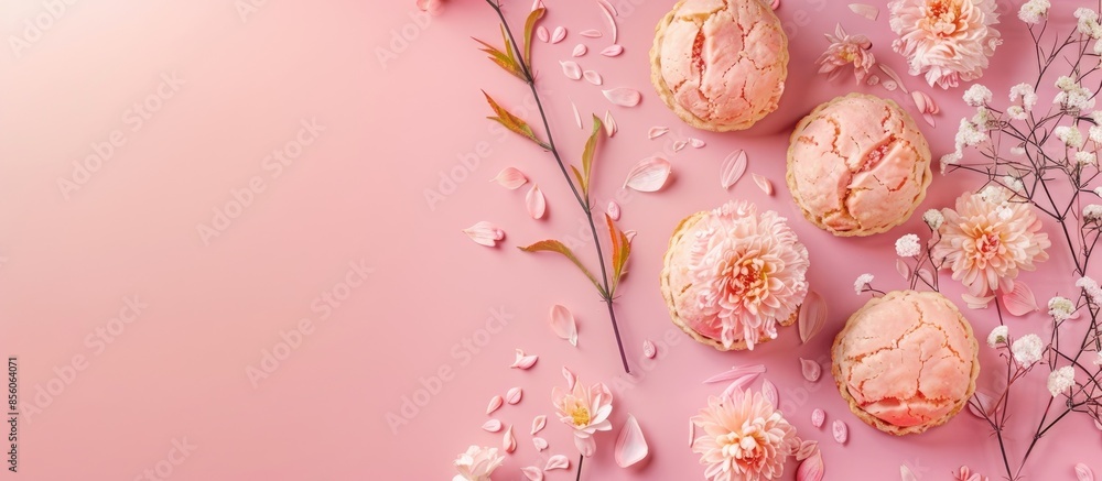 Poster tuna puff and chicken puff pastel background flower. with copy space image. place for adding text or