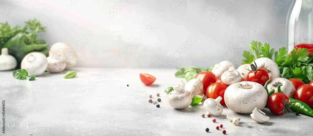 Aufkleber Different fresh vegetables and mushrooms on white table in modern kitchen. Space for text. with copy space image. Place for adding text or design