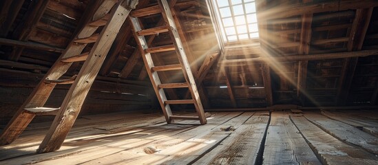 Fototapeta premium A wooden ladder in the attic in a rustic interior. with copy space image. Place for adding text or design