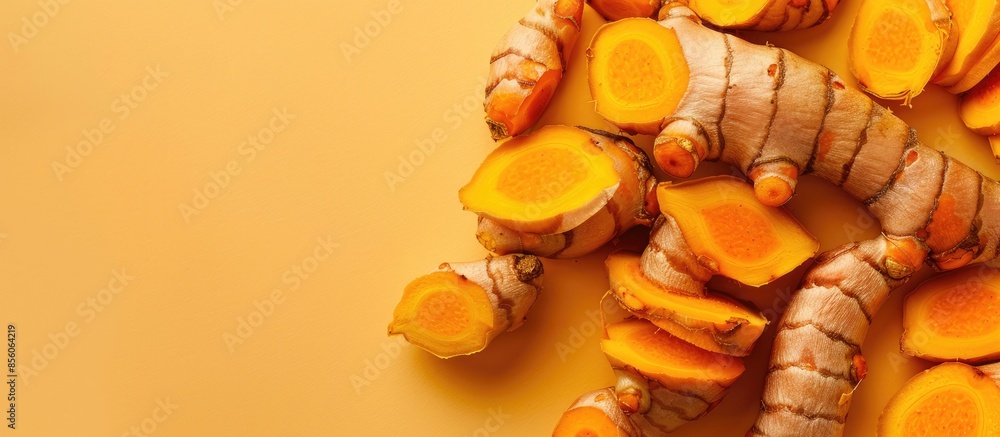 Poster closeup turmeric roots slices on pastel background food. with copy space image. place for adding tex