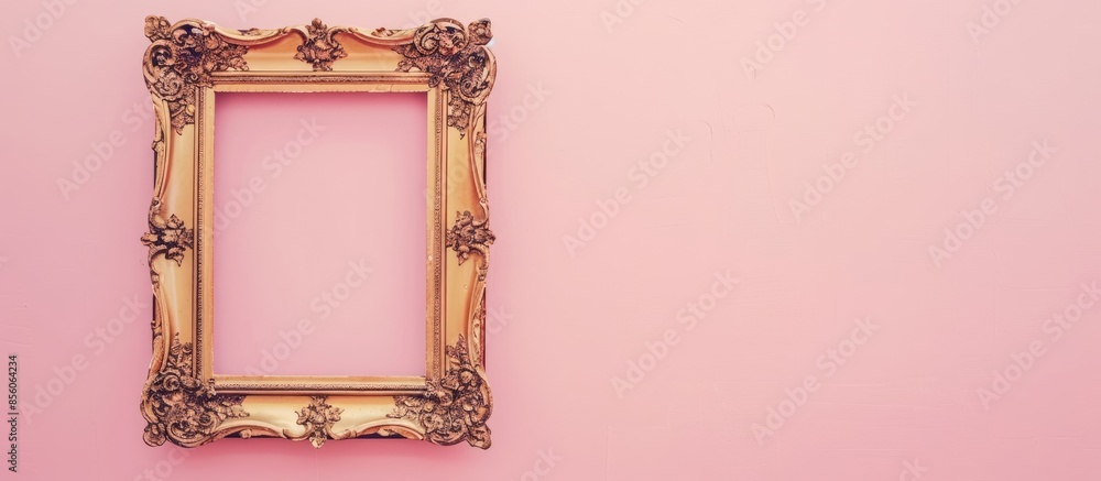 Poster Empty picture frame isolated on pastel background, landscape format, in a distressed gilt finish. with copy space image. Place for adding text or design