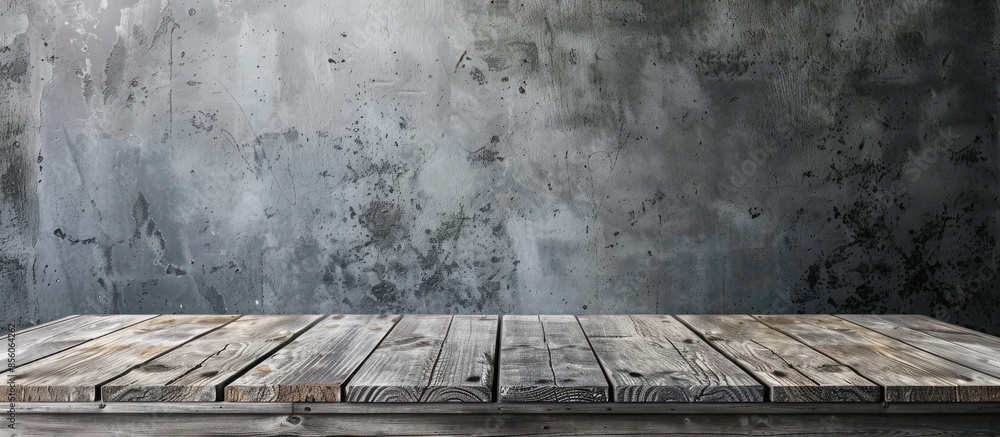 Poster empty diagonal wood plank table top with grunge concrete wall,mock up for display or montage of prod