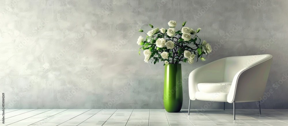 Poster interior design with modern arm-chair and green vase of roses. with copy space image. place for addi