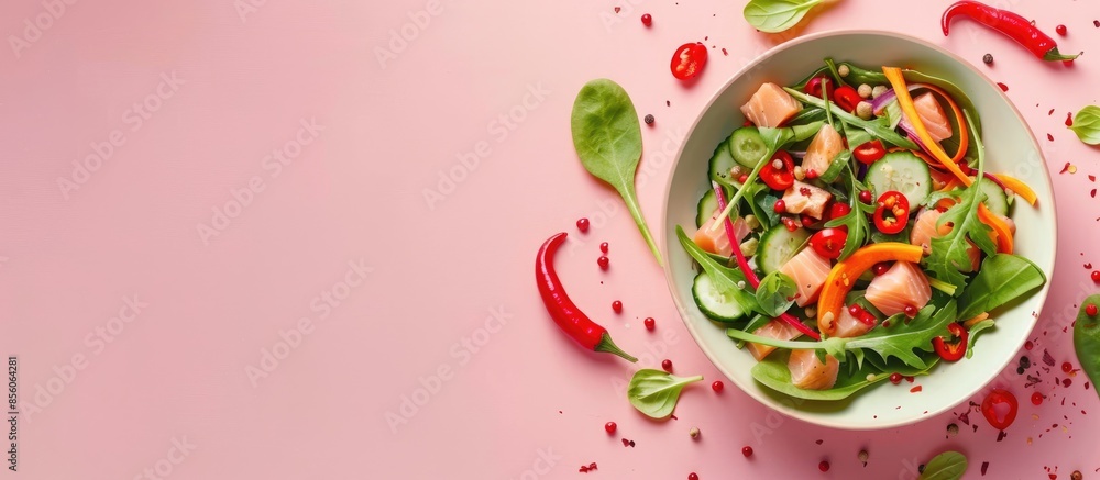 Poster tuna salad with carrot and chili pepper pastel background. with copy space image. place for adding t