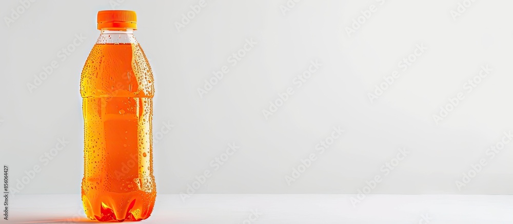 Fototapete Orange soda pop or soft drink in plastic bottle isolated on white background with clipping path. Copy space image. Place for adding text or design