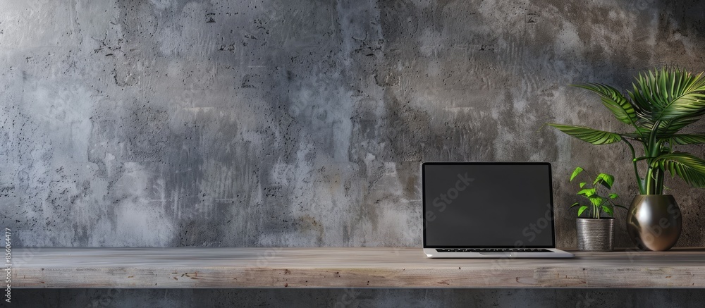 Aufkleber Empty workspace with laptop and plant at stone grey wall background. Working from home concept. with copy space image. Place for adding text or design