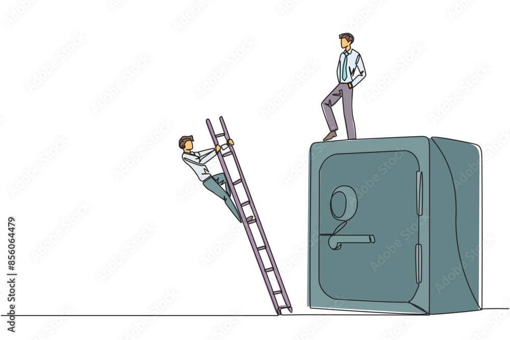 Poster continuous one line drawing businessman kicks opponent who is climbs safe deposit box with ladder. d