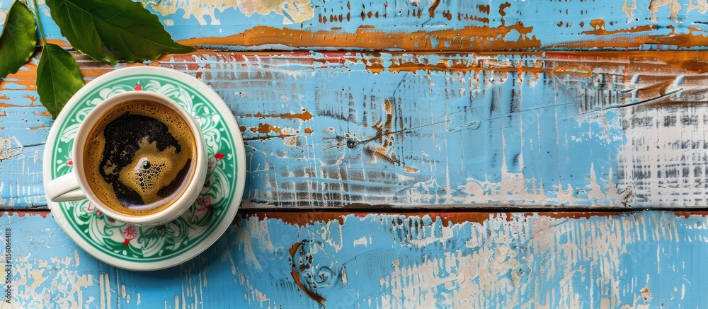 Poster summer themed top view desk with turkish coffee. copy space image. place for adding text or design