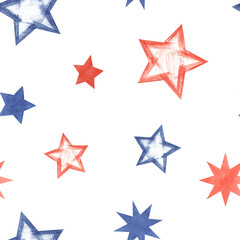 Red, blue stars in various shapes. Seamless pattern of stars in American flag colors. Textured painted smears. Traditional national symbol. Watercolor illustration. Holiday ornate for party textile