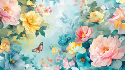 Watercolor painting of colorful flowers of July A mix of bright colors of light blue, pink, yellow, light green leaves. Tiny butterflies and bees