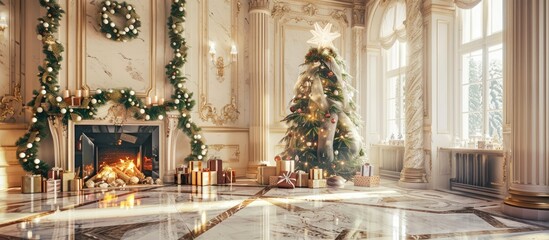 Christmas morning. Classic luxurious apartments with decorated christmas tree and presents. Living with fireplace, columns and stucco. with copy space image. Place for adding text or design