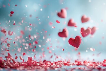 Obraz premium Falling Red Hearts in a Dreamy Blue Background