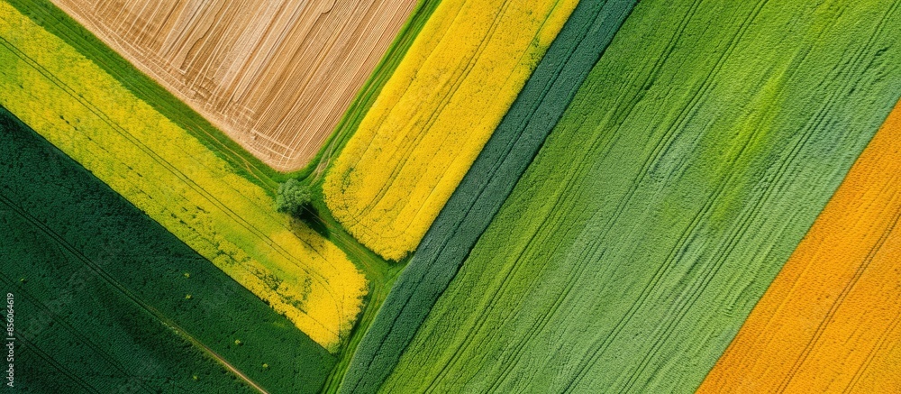 Fototapete Abstract geometric shapes of agricultural parcels of different crops in yellow and green colors. Aerial view shoot from drone directly above field. Copy space image. Place for adding text or design