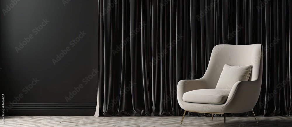 Poster comfortable beige chair near black textile curtains. with copy space image. place for adding text or
