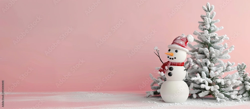 Poster christmas tree with snowman and postcard on pastel background. with copy space image. Place for adding text or design