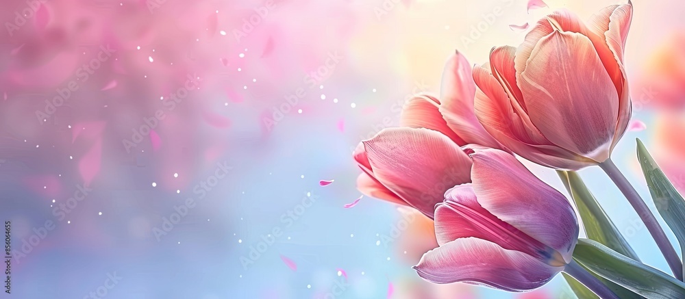Poster spring beautiful tulip flower.flower holiday card pastel background. with copy space image. place fo