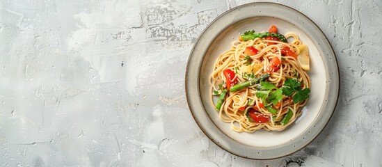 soy asparagus noodles on a light gray plate, isolated on a pastel background. healthy food . Asian food. soy asparagus noodles top side view. with copy space image. Place for adding text or design