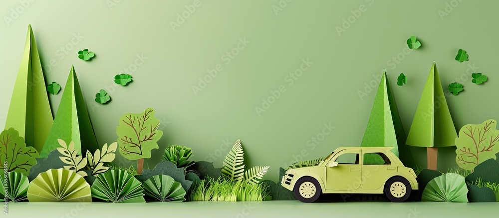 Aufkleber concept of Environmentally friendly with eco car .paper art and craft style. Copy space image. Place for adding text or design
