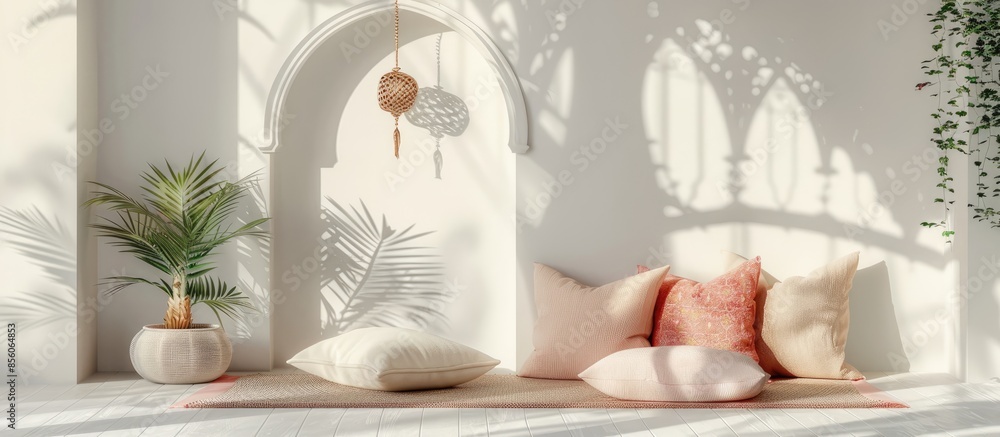 Poster comfortable pillows decoration in arch for relax. with copy space image. Place for adding text or design
