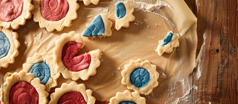Poster Slicing red white and blue pinwheel cookie dough into individual cookies. with copy space image. Place for adding text or design