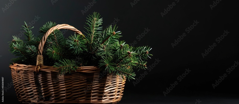 Aufkleber In wicker basket, branch of christmas tree with garland in against of black background. with copy space image. Place for adding text or design