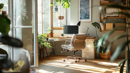 Minimalist workspace with natural light and ergonomic furniture for comfort and productivity.
