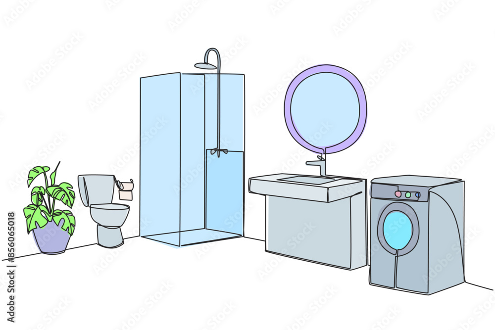 Poster continuous one line drawing minimalist layout in one image. there is a washing machine, shower and t