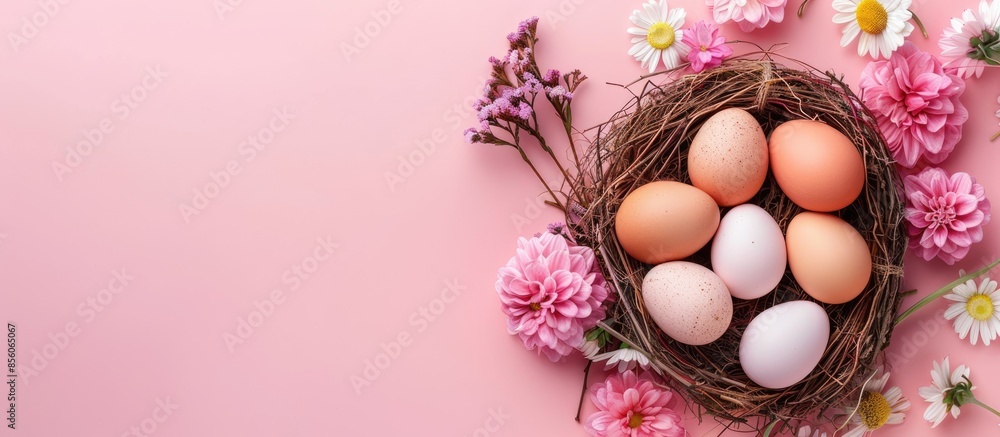Fototapete Chicken eggs in the nest. Fresh chicken eggs in the nest are decorated with flowers on a pastel background. Easter. Isolate. with copy space image. Place for adding text or design