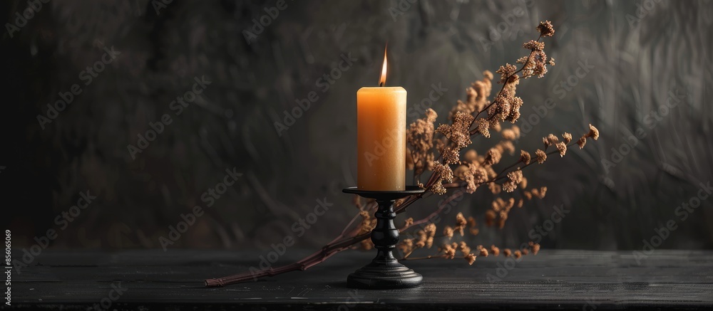 Poster Elegant candlestick with burning candle on black table. Space for text. with copy space image. Place for adding text or design