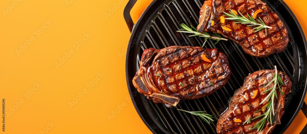 Poster fresh grilled bloody beef steaks on black grill plate isolated on pastel background. with copy space