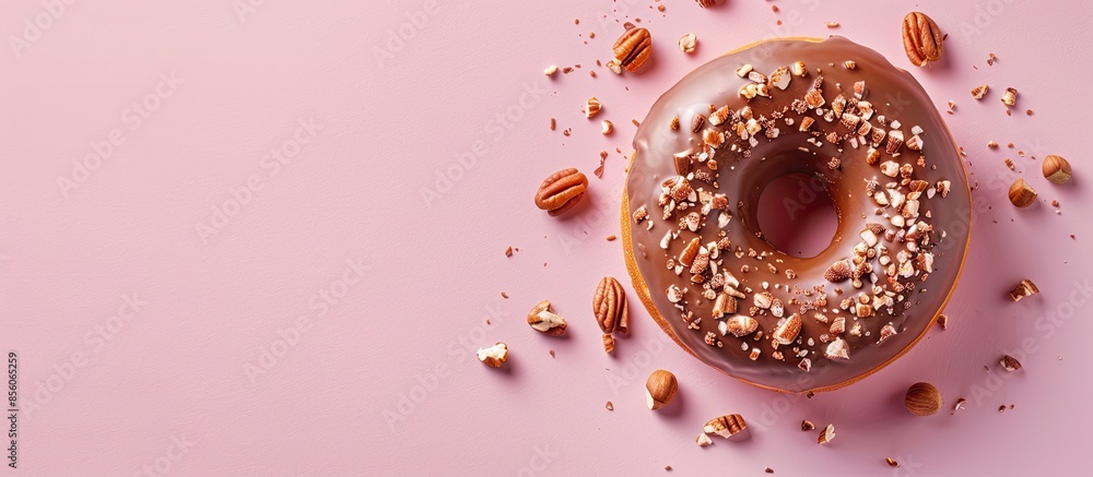 Fototapete Donut in milk chocolate glaze with nuts isolated over pastel background with clipping path. Top view. with copy space image. Place for adding text or design
