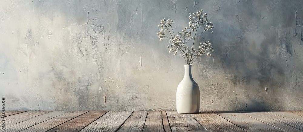Aufkleber empty white small bottle flower vase on wooden floor with modern loft cement wall background. with c
