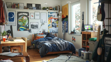 A contemporary teenage room interior reflects style and functionality tailored to younger tastes