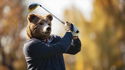Fototapeta premium Professional Golfer Wearing Bear Mask Driving Ball from Tee Box with Ample Copy Space