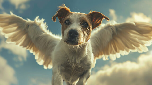 A dog with wings flies into the sky