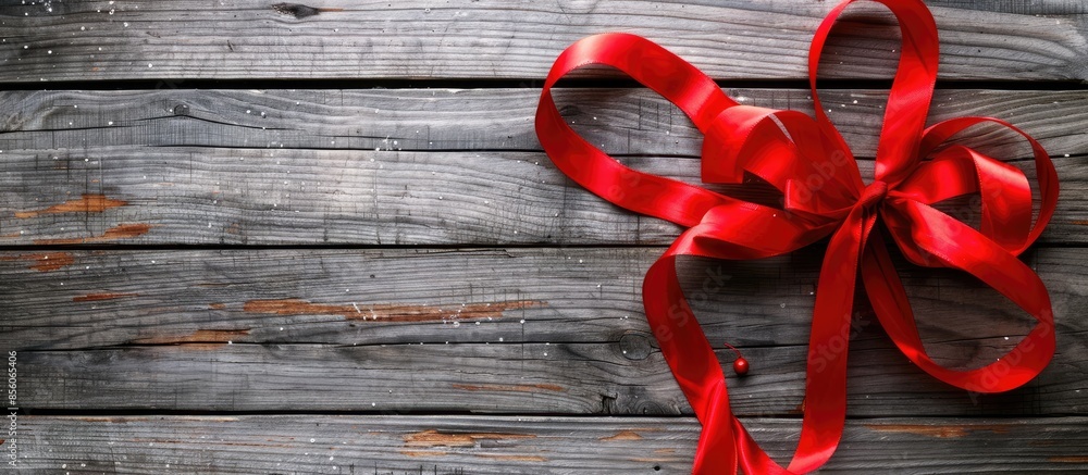 Poster red christmas ribbons decoration. christmas concept. ribbon on wooden board. with copy space image. 