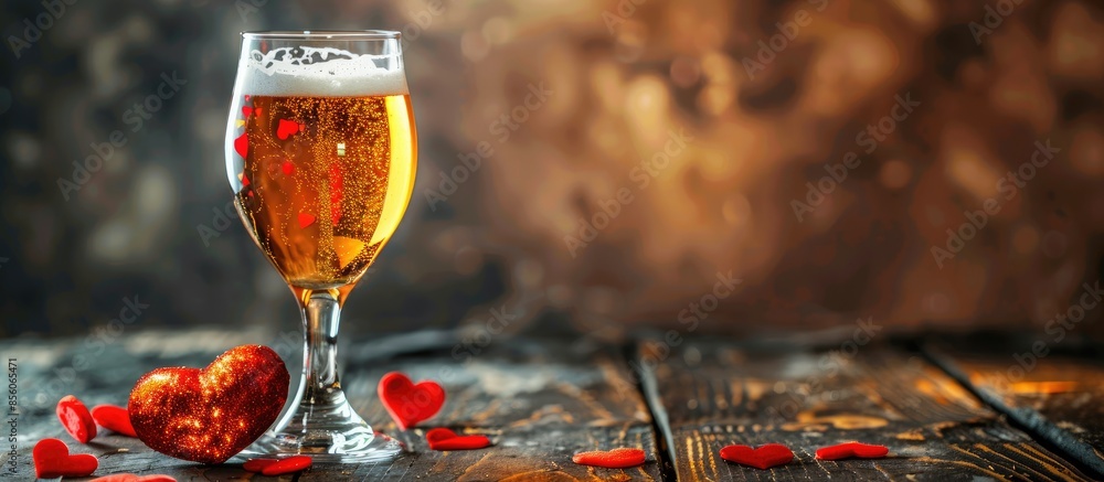 Poster a glass of light beer for valentine's day and a red heart. with copy space image. place for adding t